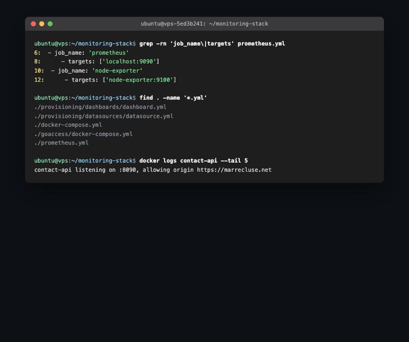 grep and find locating config across my monitoring stack, then checking a container's logs