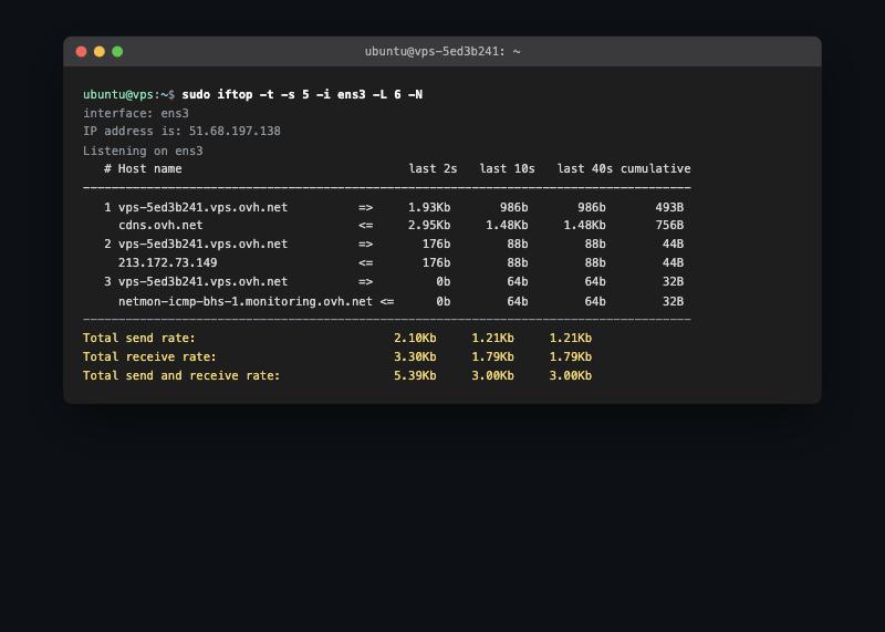 iftop showing live per-connection bandwidth usage