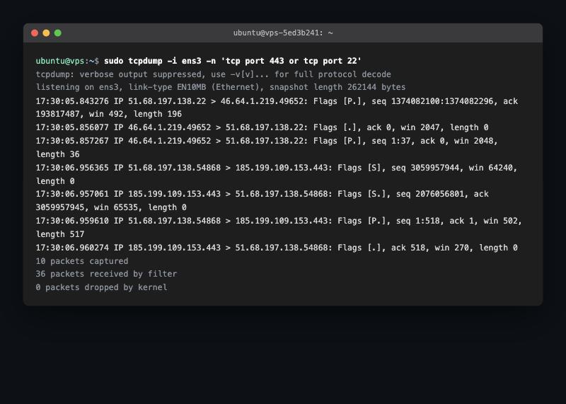 tcpdump capturing live TCP traffic on my server's public interface